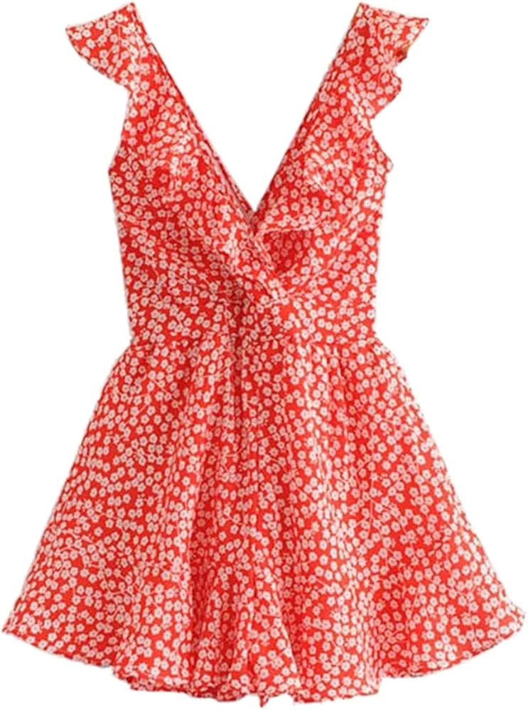 Women's Boho Crochet V Neck Halter Backless Floral Lace Romper Jumpsuit | Amazon (US)