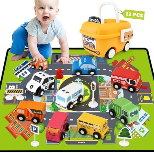 Toddler Car Toys, Wooden Cars Toys for Boy, 22 PCS Cars and Trucks Toy Vehicles Set with Traffic ... | Amazon (US)