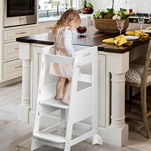 TOETOL Bamboo Toddler Kitchen Step Stool White Helper Standing Tower Height Adjustable with Anti-... | Amazon (US)
