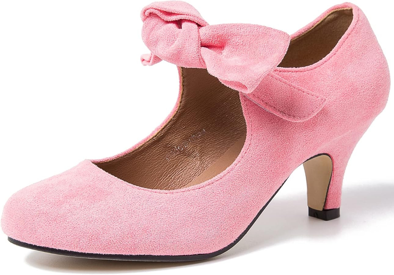 LIURUIJIA Women's Bow Heels Mary Jane Kitten Heel Pumps Round Toe Low Heels Ankle Strap Wedding E... | Amazon (US)