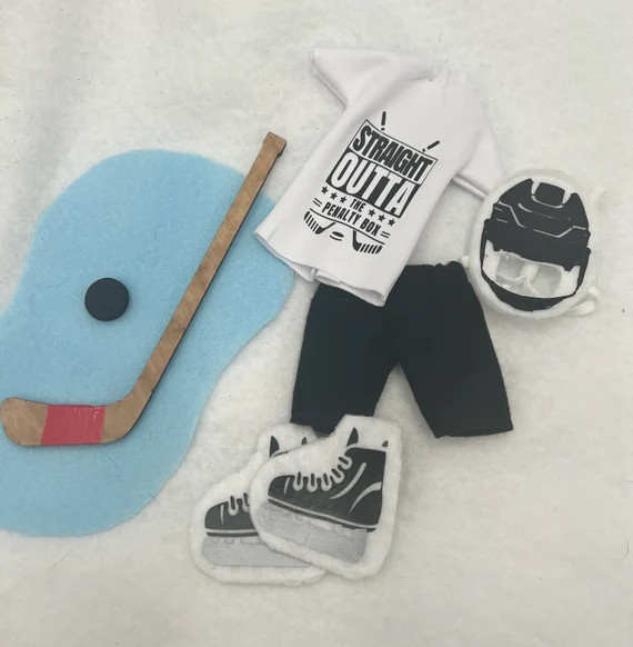Elf hockey sets- 4 shirts/ sets to choose from!  Elf clothes, hockey stick, puck, faux ice, breez... | Etsy (US)