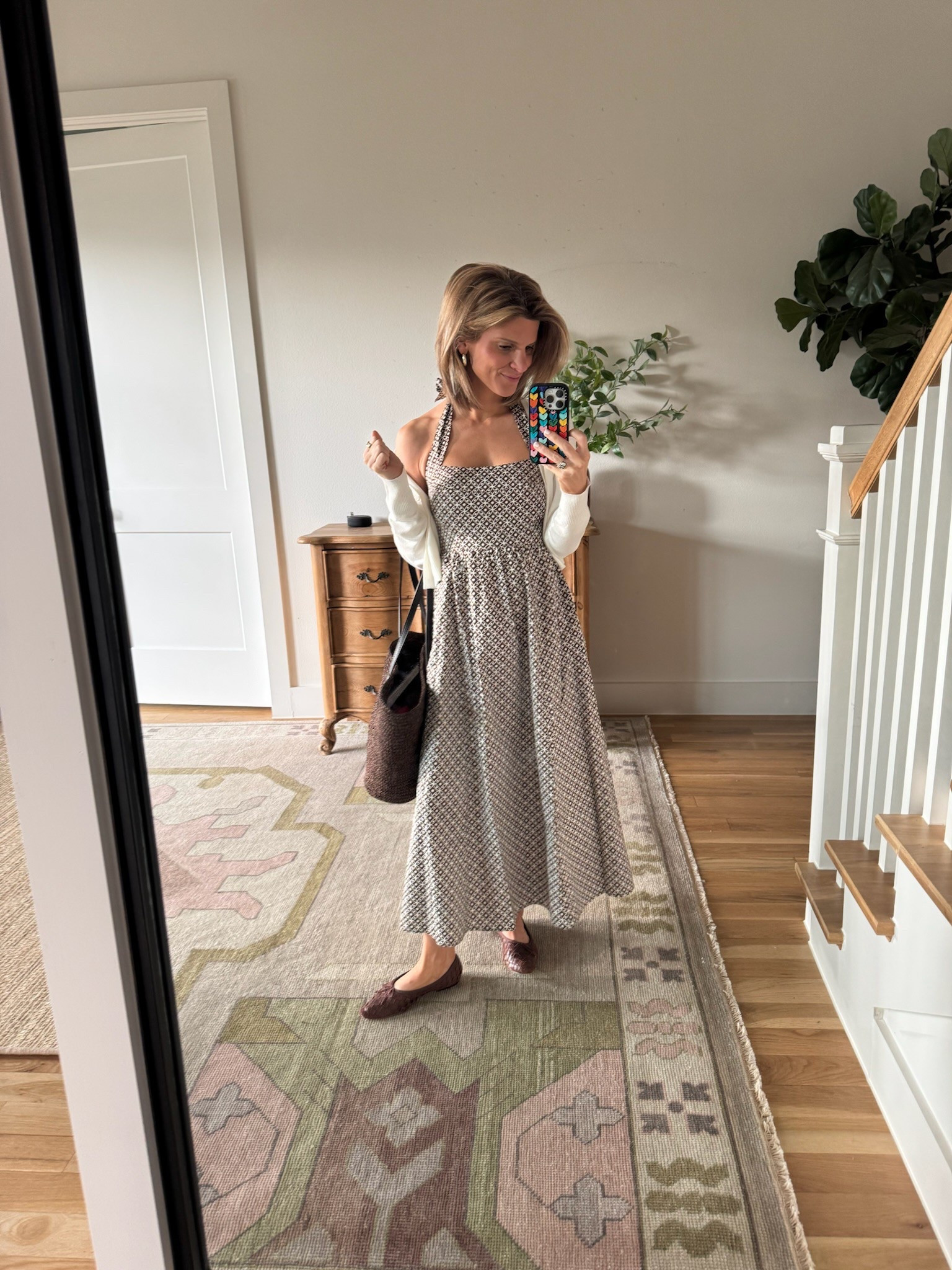 4/1 GDWM. 
Dress: Hillhouse (wearing xs)
Cardigan: Amazon (wearing s)
Shoes: Loeffler Randall (linking new style as well)
Bag: Bembien (Shopbop)
