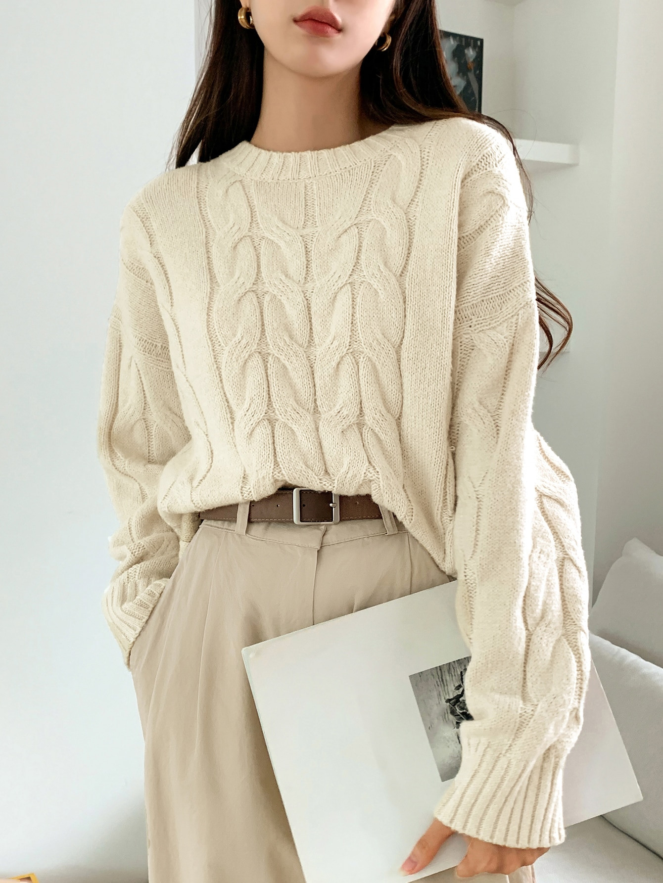 DAZY Solid Cable Knit Drop Shoulder Sweater | SHEIN