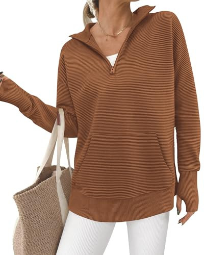 BTFBM Sweaters for Women Fall Clothes 2026 Pocket Quarter Zip Pullover V Neck Long Sleeve Knit Trendy Winter Sweater(Caramel, Large) | Amazon (US)
