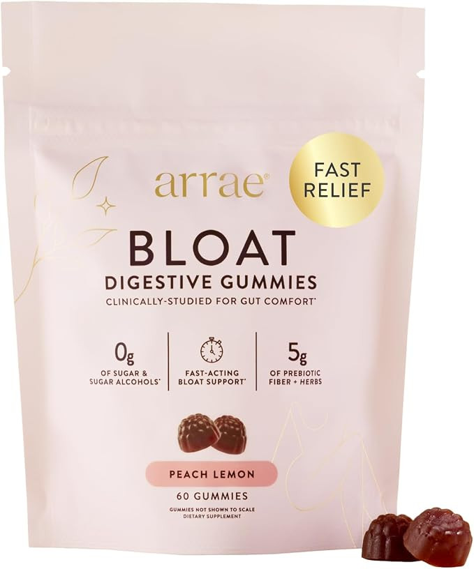 Arrae Bloat Gummies, Sugar-Free with Fiber, Peach Lemon, 60 Count | Ginger, Lemon Balm & Dandelio... | Amazon (US)