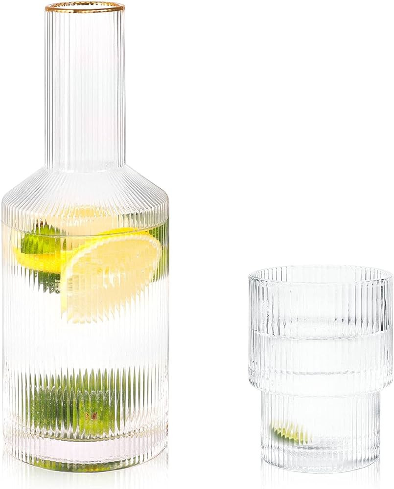 DI QIU REN Bedside Water Carafe and Glass Set, Clear Ribbed Night Water Carafe with Tumbler Cup, ... | Amazon (US)