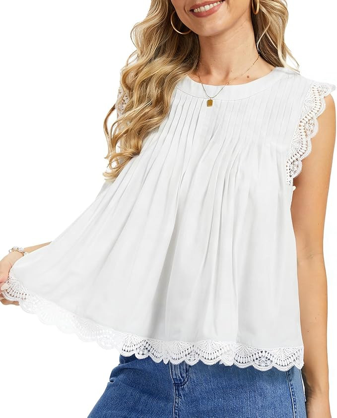Womens 2026 Summer Peplum Top Sleeveless Ruffled Lace Trim Round Neck Y2K Babydoll Going Out Tops | Amazon (US)