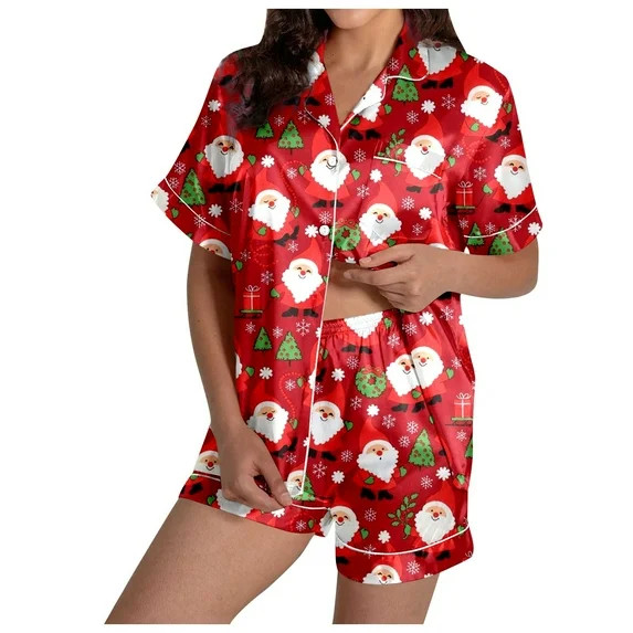 Weebloom Womens Christmas Loungewear Santa Print Short Sleeve Shirt Shorts Festive Combo Homewear... | Walmart (US)