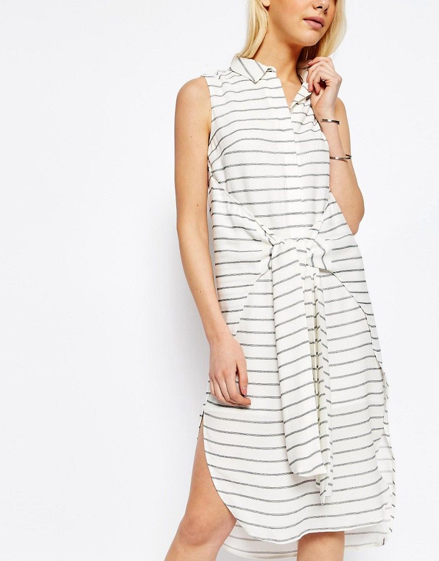 ASOS Tie Front Sleeveless Shirt Dress In Stripe | ASOS US