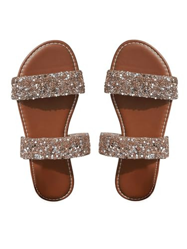 GORGLITTER Women's Sparkly Glitter Flats Sandal Sequin Two Band Open Toe Slip on Slides Wedding Sandals Brown 9.5 | Amazon (US)