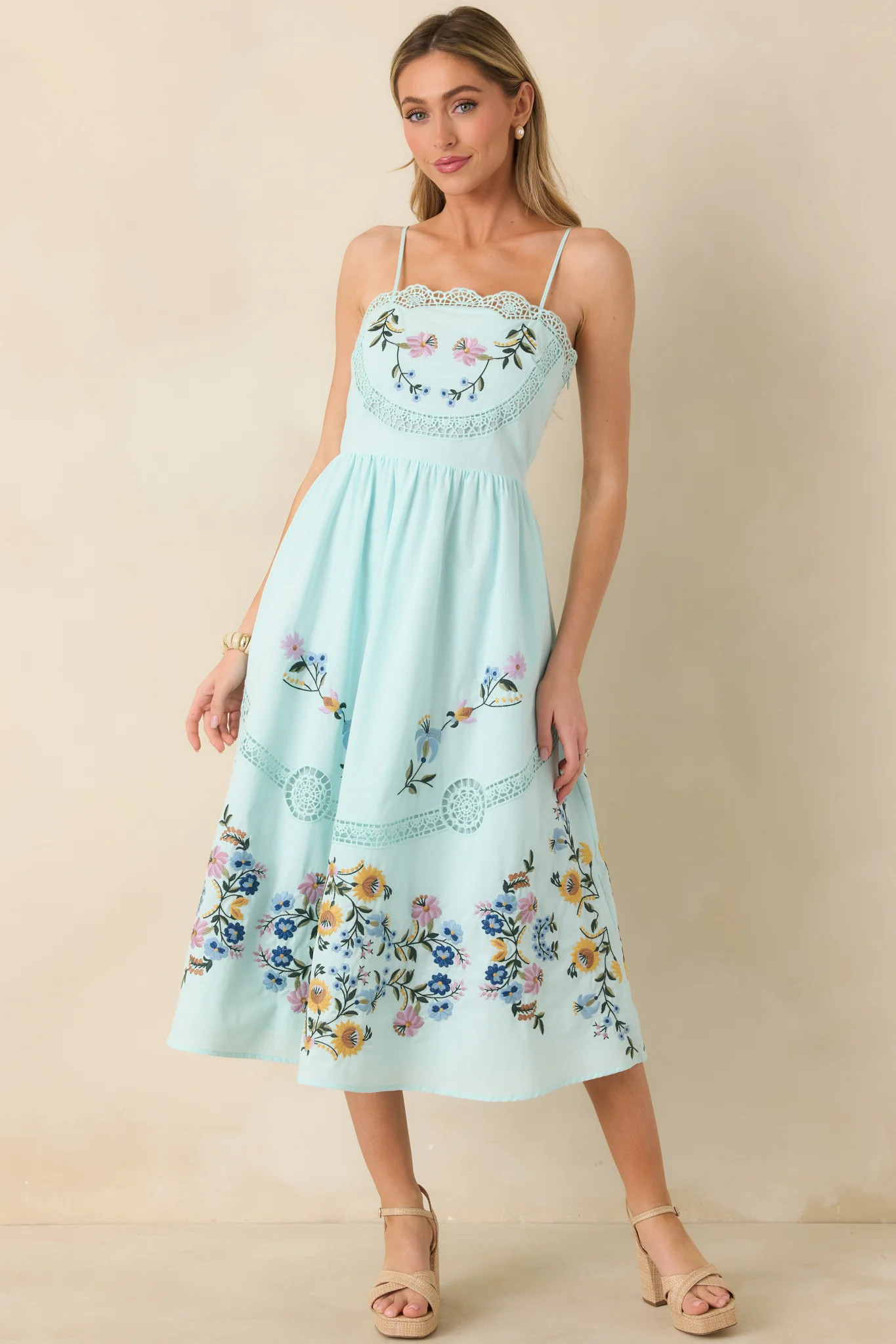 Dancing In The Garden Light Blue Floral Cotton Midi Dress | Red Dress