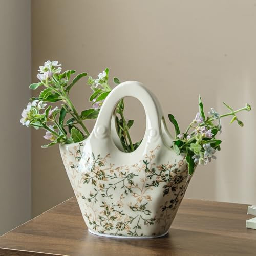 Ceramic Purse Vase for Flowers, Cute Handbag Vases, Vintage Green and Beige Floral Vase, Rustic Farmhouse Vases for Living Room, Kitchen, Bedroom, Table Centerpiece, Chinoiserie and Tuscan Decor 9 in | Amazon (US)