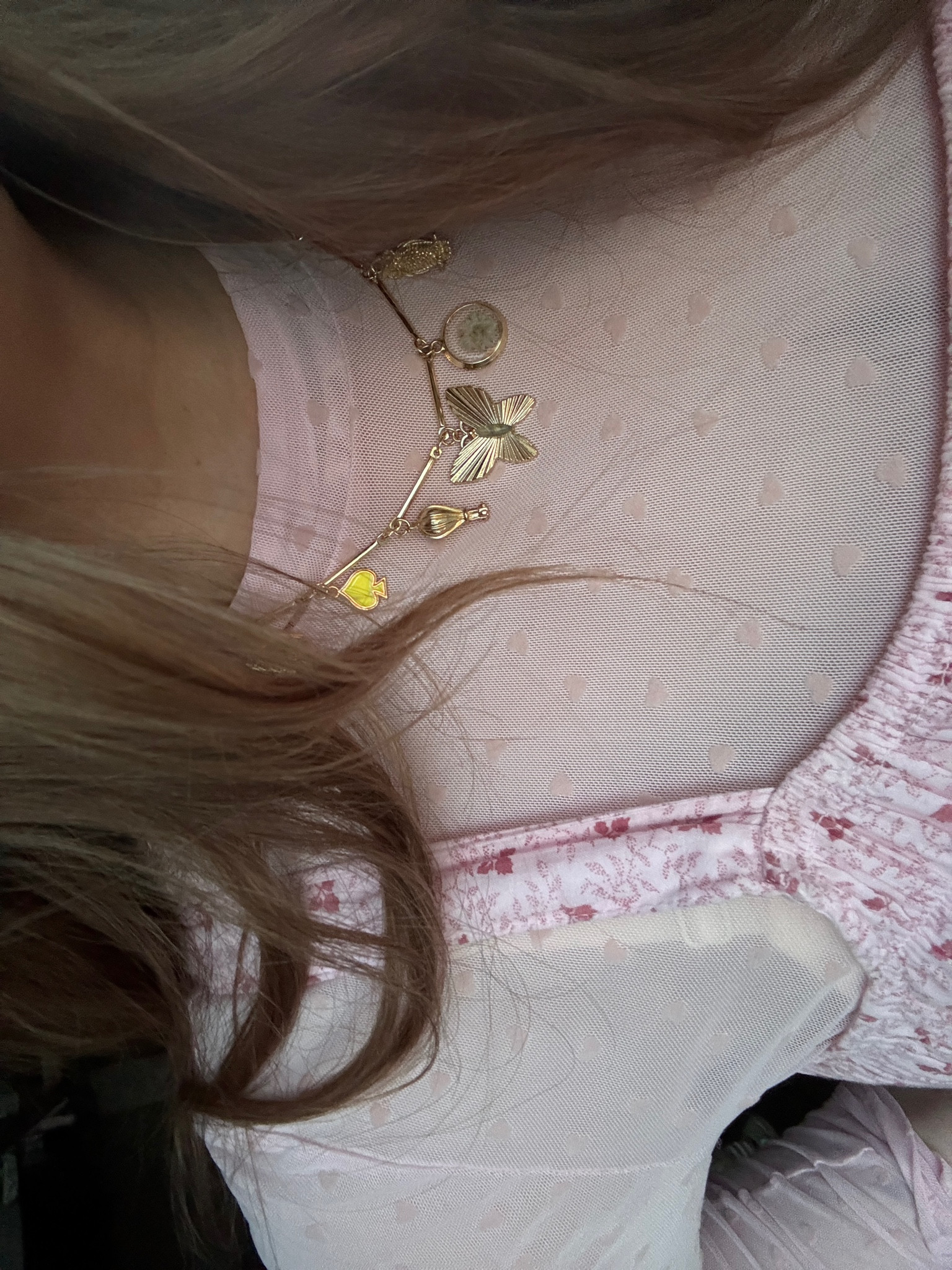 Charm Necklace & Velvet Heart Mesh Longsleevee