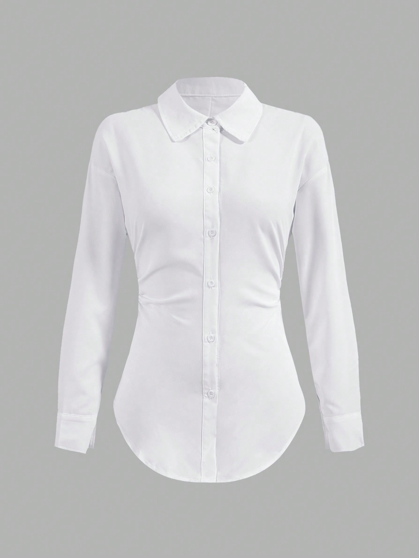 SHEIN MOOSTA Solid Color Ruched Waist Asymmetrical Hem Long Sleeve Shirt | SHEIN USA | SHEIN