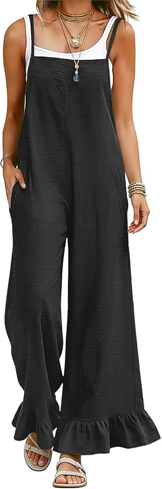 Womens Casual Overalls Loose Wide Leg Jumpsuits Ruffle Hem Floral Print Bohemian Wide Leg Baggy R... | Amazon (US)