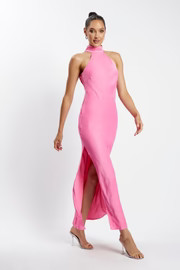 Claire Satin Drape Back Maxi Dress with Split - Pink | MESHKI US