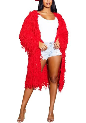 NRTHYE Women's Tassel Sweater Cardigan Open Front Cable Knit Fringe Mid Length Cardigan Sweater Red | Amazon (US)