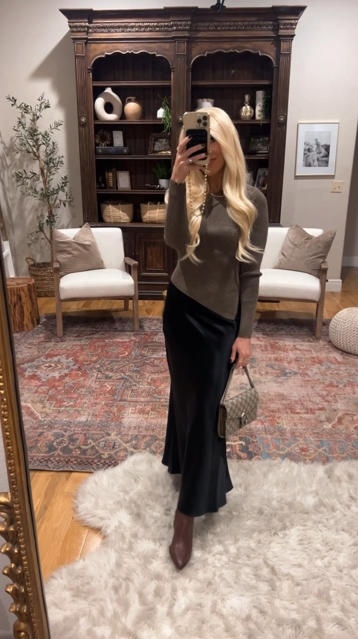 Fall date night outfit inspo🖤✨ This black satin maxi skirt is a great staple piece! #oneshouldertop #satinskirt #sweater #falloutfit #datenight #boots

#LTKVideo #LTKParties #LTKFindsUnder100