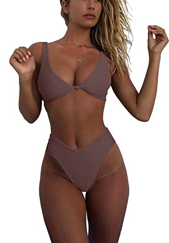 geluboao High Cut Bathing Suits for Women 2 Piece High Waisted Thong Bikini Bottom Sexy Kont Front Push Up Bikini Top Coffee M | Amazon (US)