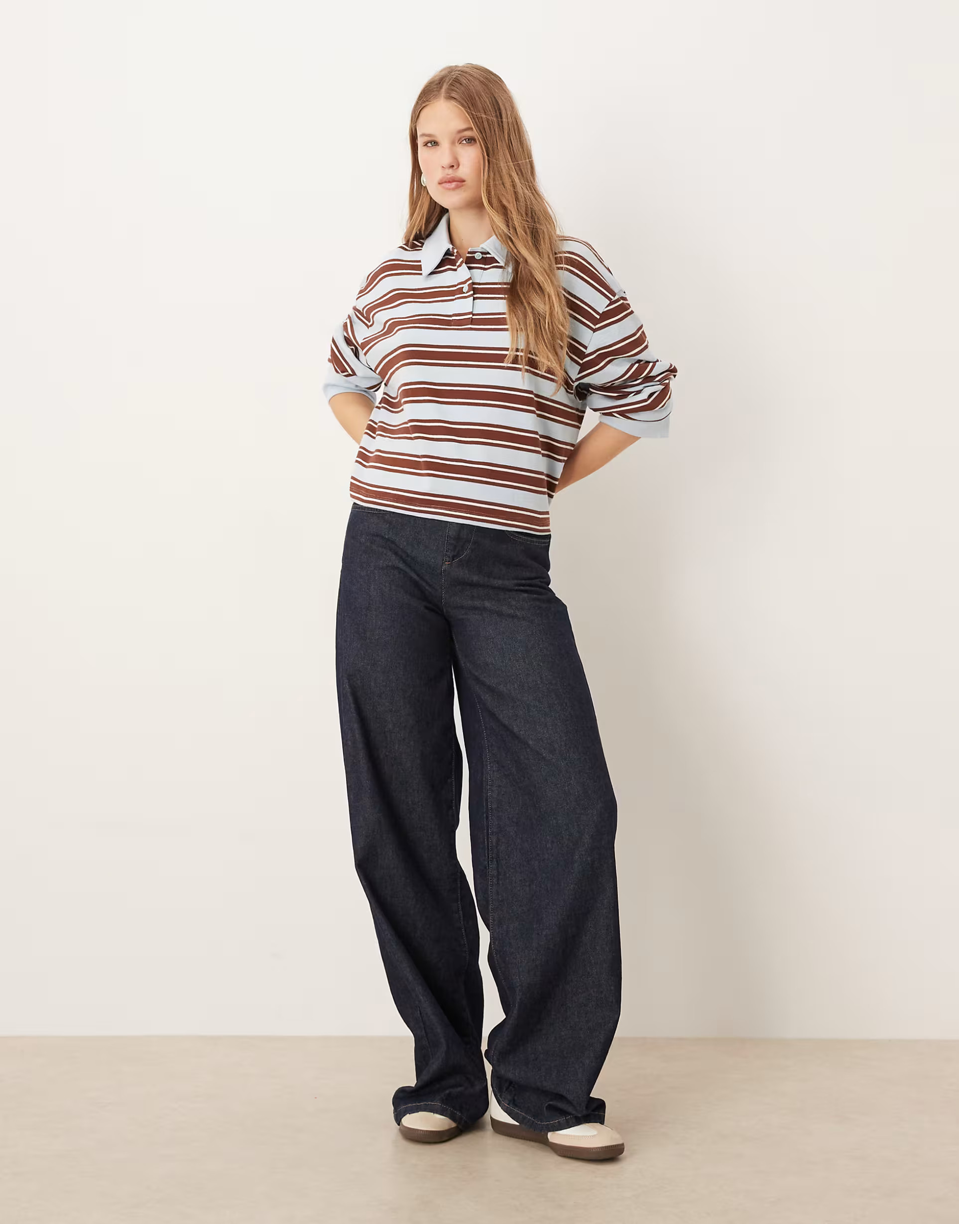ASOS DESIGN textured stripe rugby collared top in blue & choc stripe | ASOS | ASOS (Global)