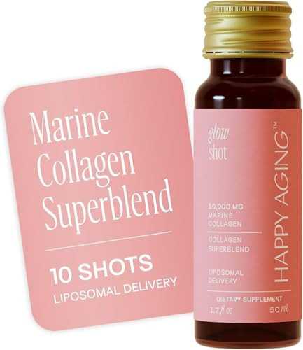 Happy Aging Glow Shot | 10,000mg Marine Collagen Liquid Drink | Advanced Liposomal Collagen for Women | Hydrates Skin | Supports Hair & Nails | Firms & Smooths | Non-GMO | Ready-to-Drink | 10 Shots | Amazon (US)