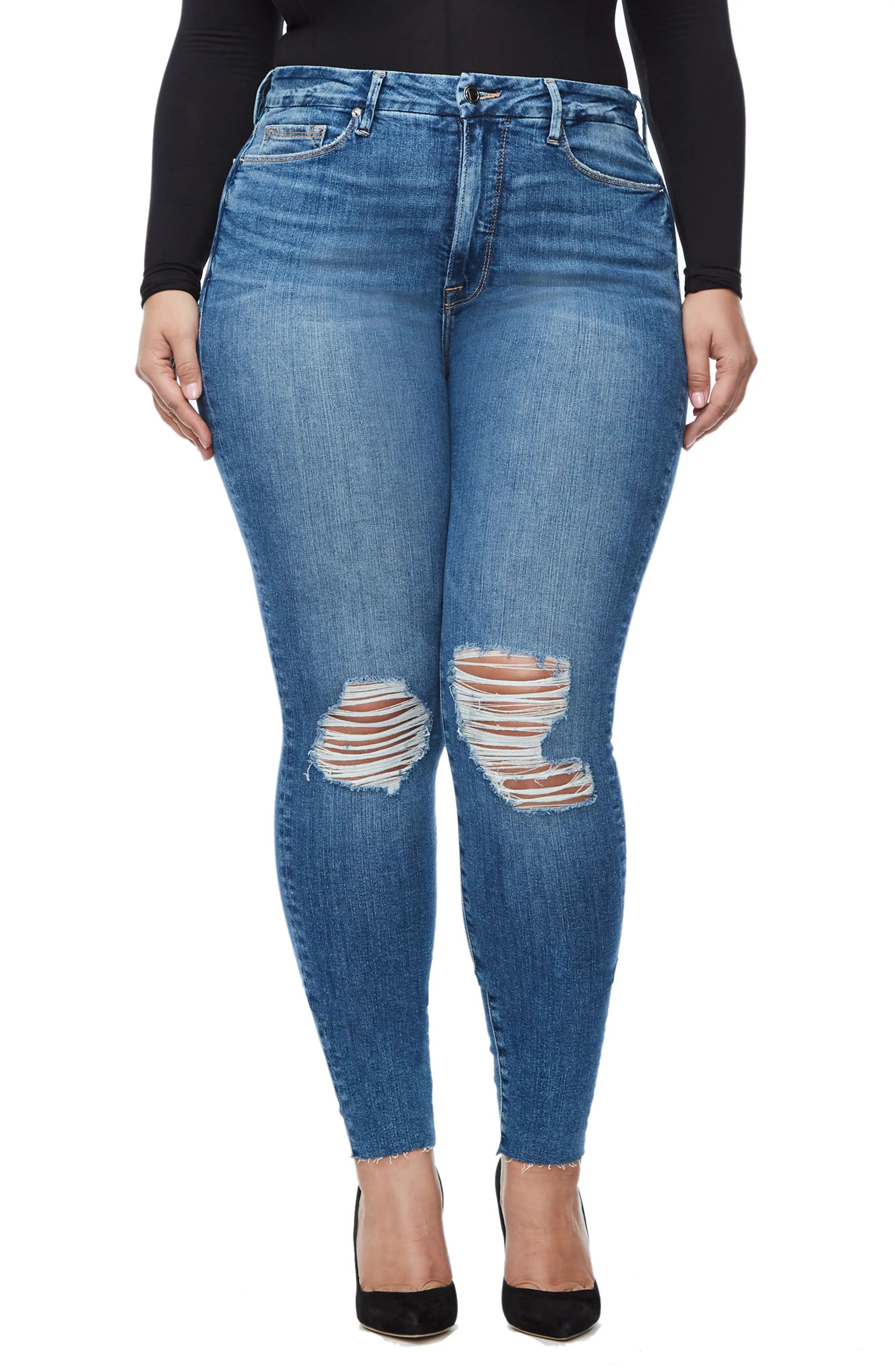 Good American Good Waist Raw Edge Skinny Jeans (Blue 092) (Regular & Plus Size) | Nordstrom