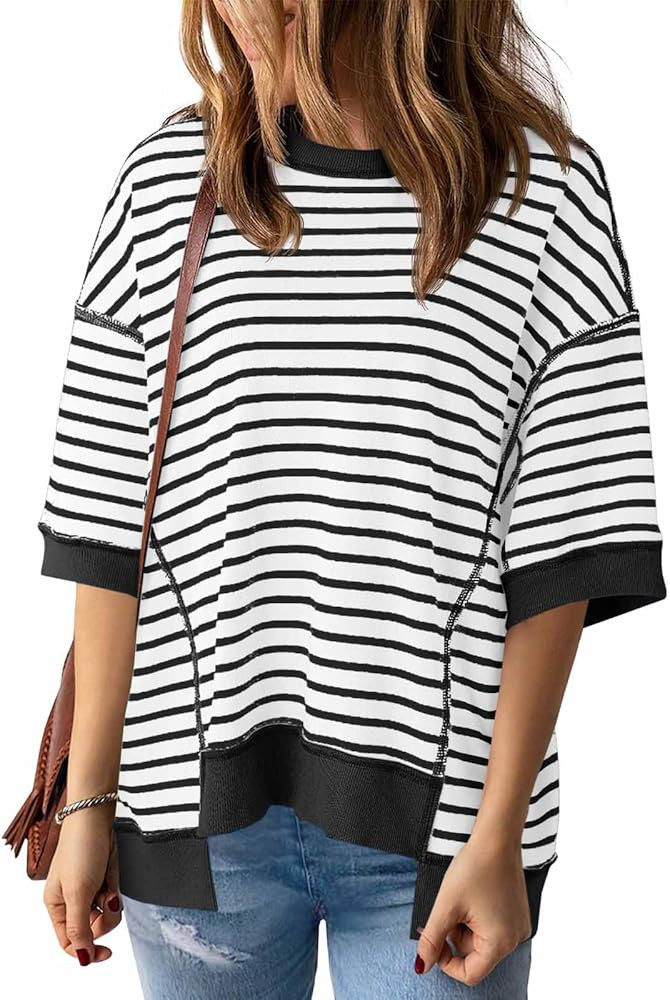 Tankaneo Womens Oversized T Shirts Striped Casual Summer Color Block Loose Fit Half Sleeve Cotton... | Amazon (US)
