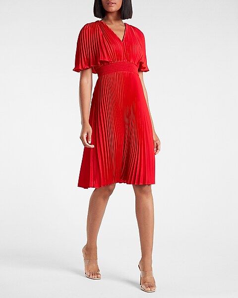 Pleated V-Neck Midi Dress | Express