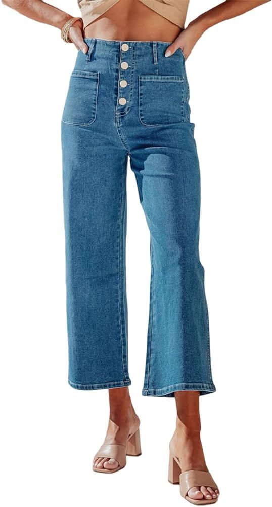 Women's Wide Leg Jeans High Waisted Stretchy Straight Leg Jeans Buttoned Loose Denim Pants with P... | Amazon (US)