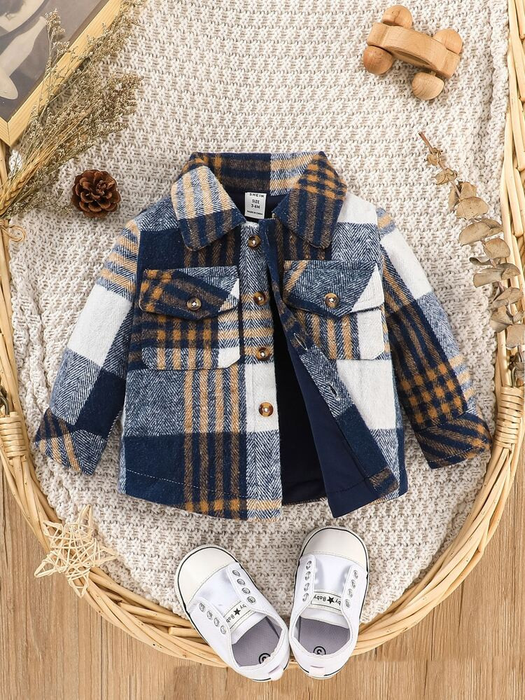 New
     
      Baby Plaid Print Flap Pocket Coat | SHEIN