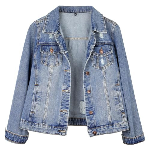MISS MOLY Denim Jackets For Women Distressed Ripped Classic Casual Long Sleeve Jean Jacket Coat With Pockets Blue XL | Amazon (US)