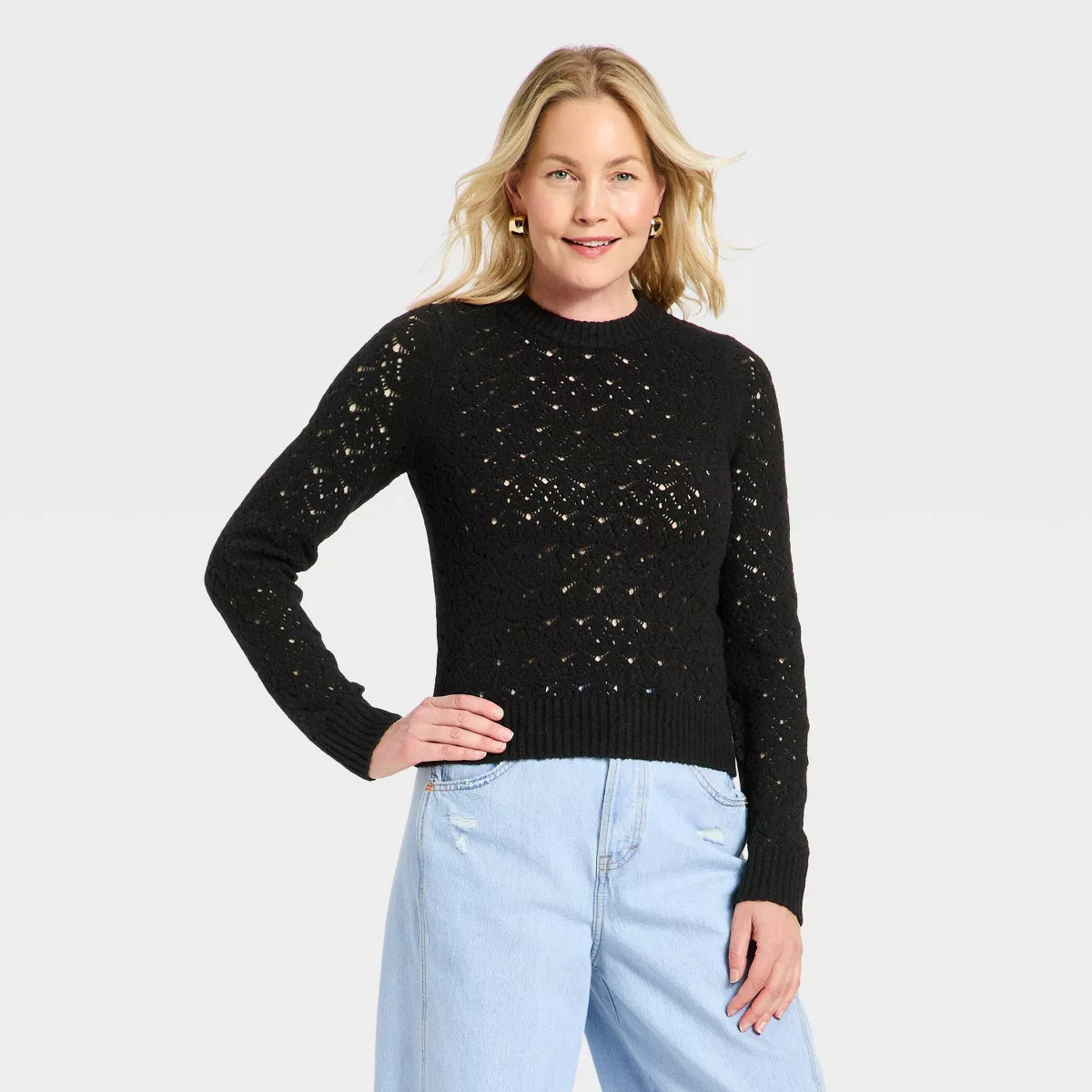 Women's Lace Crewneck Pullover Sweater - Universal Thread™ Black M | Target