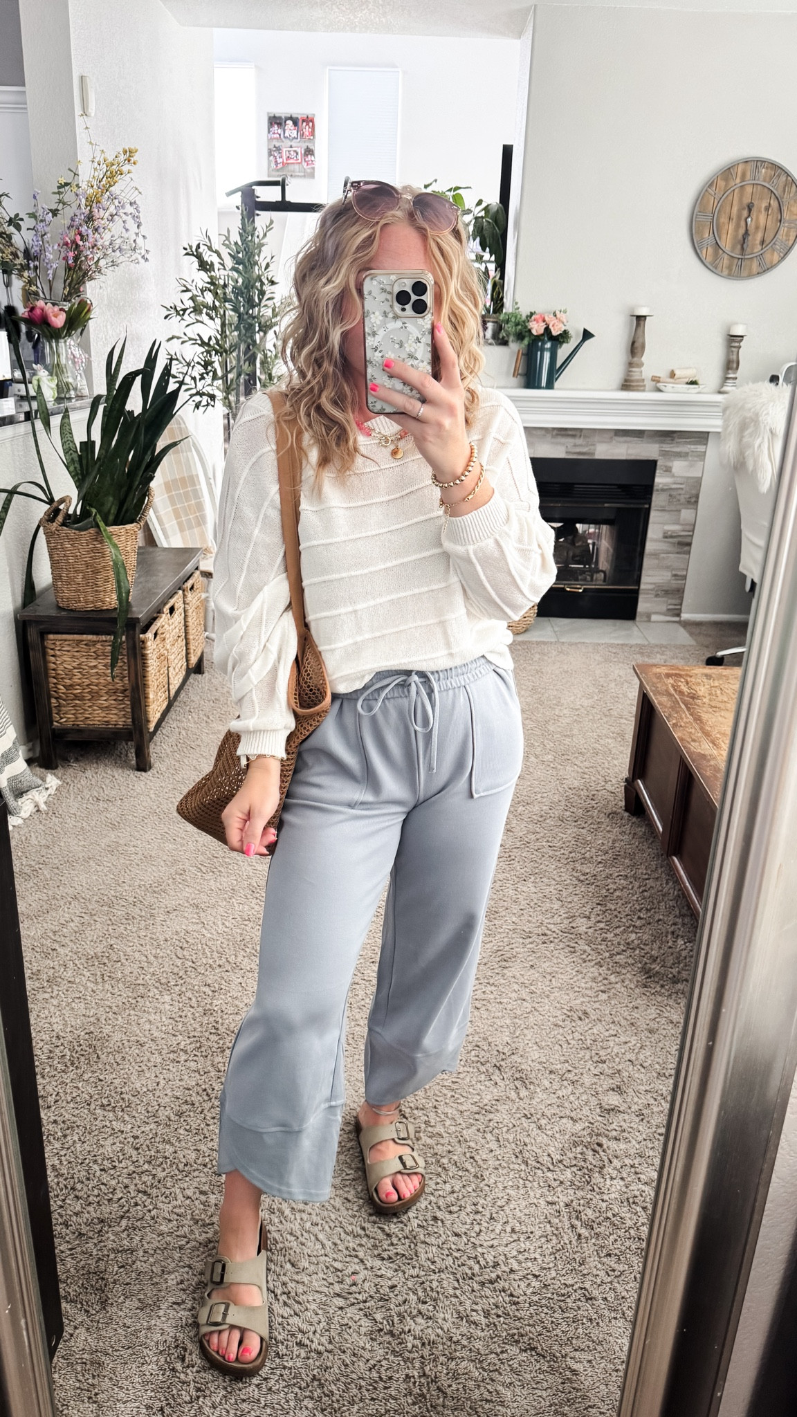 Casual comfy ootd — white off the shoulder long sleeve shirt, blue sweatpants, tote bag and Birkenstock look for less sandals 






 Size 6/8 summer outfit ideas, midsize summer outfit, casual summer style, effortless everyday style, Amazon fashion midsize, petite Amazon fashion, coffee run outfit, SAHM outfits for summer

#LTKootd #LTKSaleAlert #LTKPetite