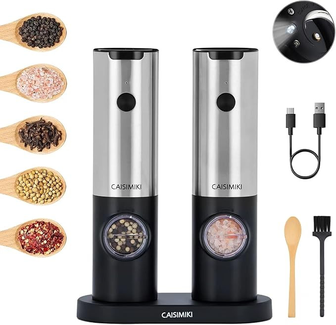CAISIMIKI Electric Salt and Pepper Grinder Set- Stainless Steel, Dual Charging Base, Rechargeable... | Amazon (US)