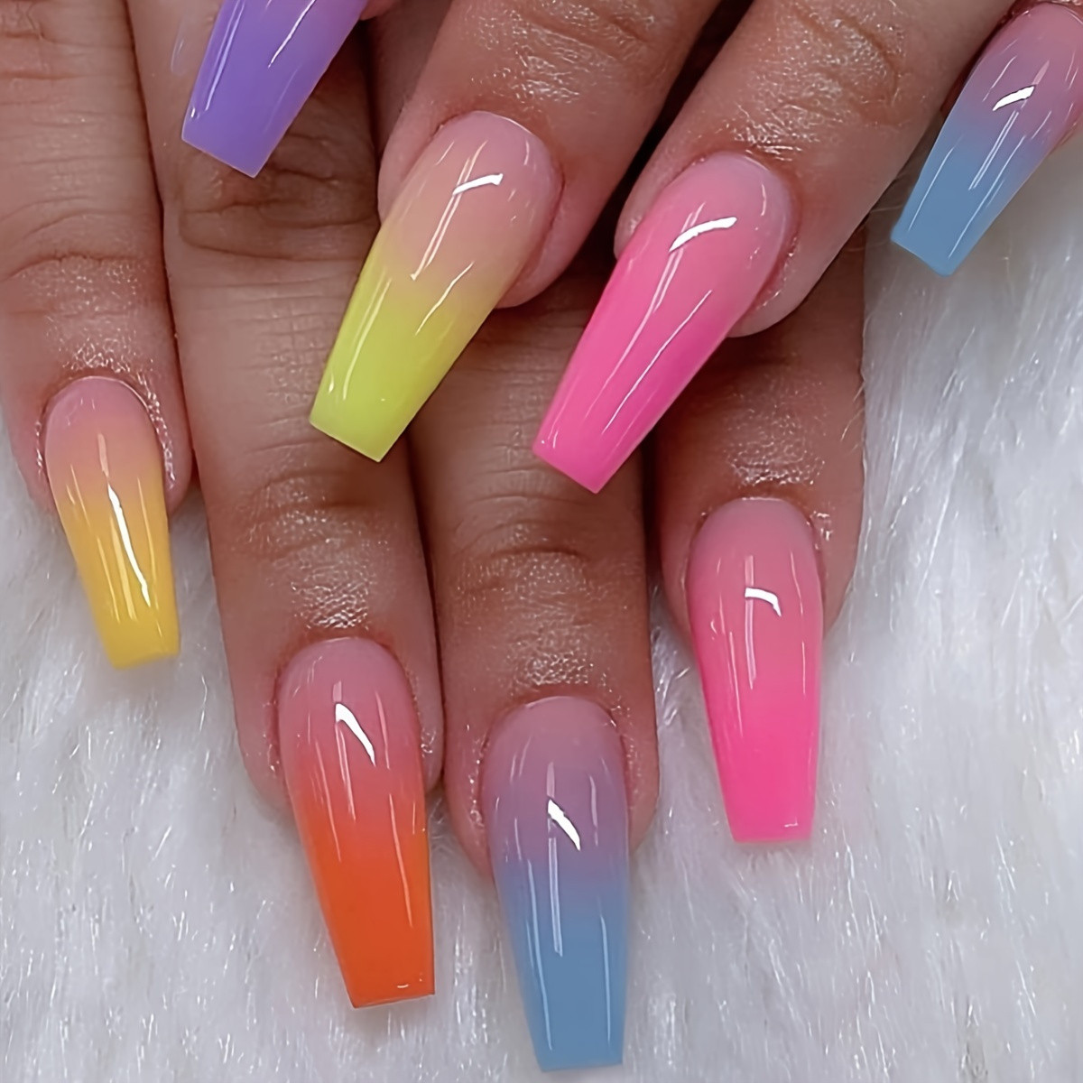 24 Pcs Press On Nails, Coffin Long Fake Nails, Rainbow Gradient Color Glossy Acrylic Ballerina False | Temu Affiliate Program
