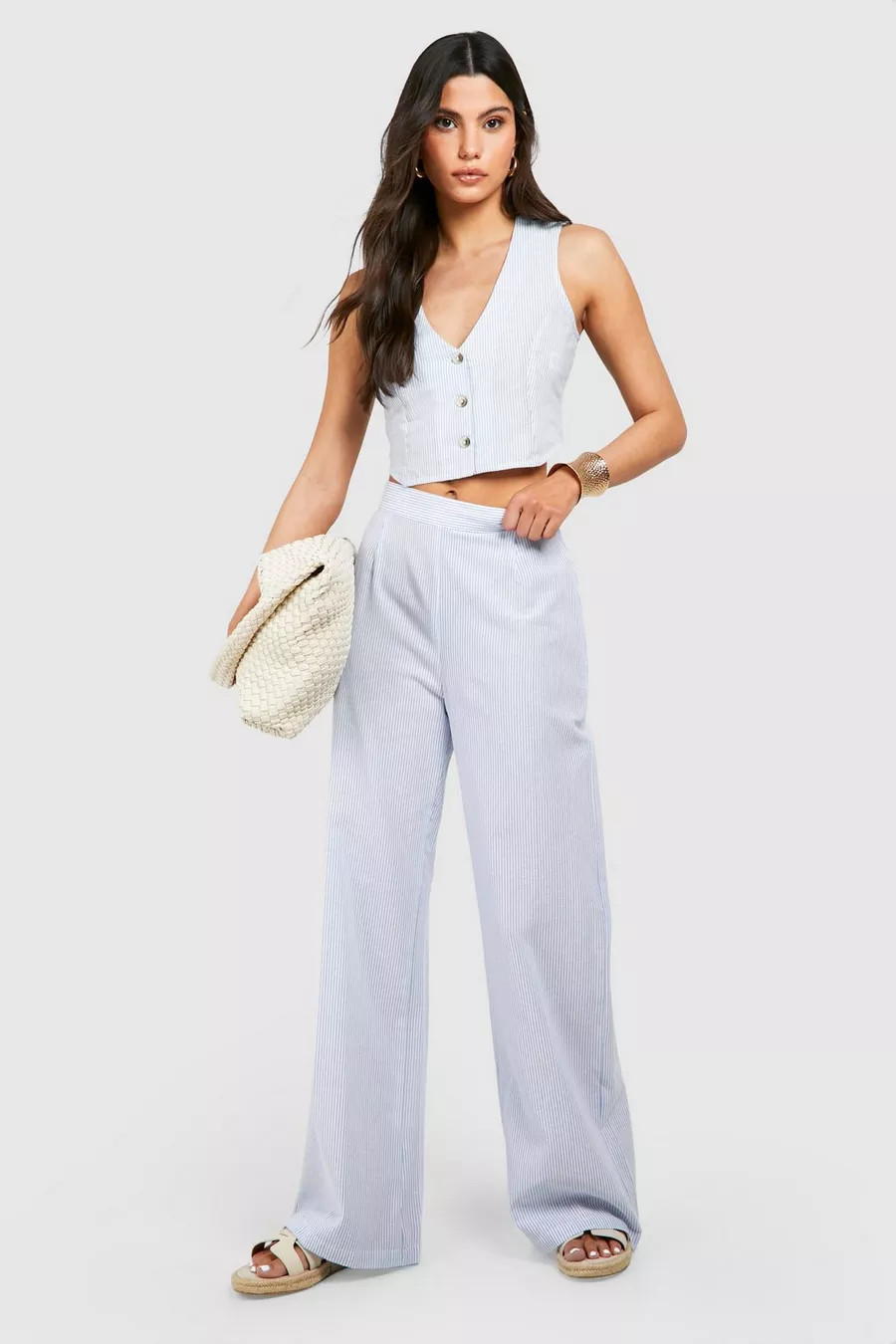 Tonal Pinstripe Linen Look Wide Leg Trouser | Boohoo.com (UK & IE)