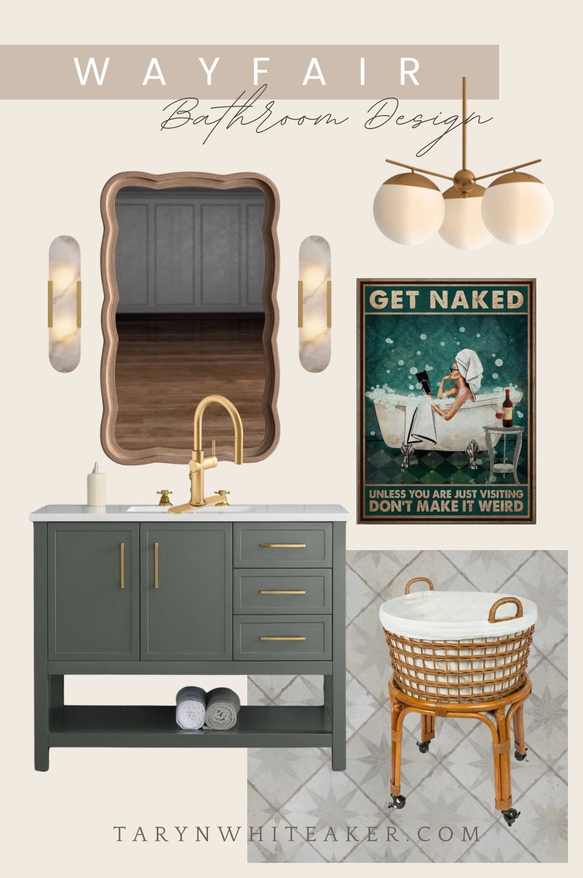 This is such a cute bathroom design for a powder room or girls bathroom! Most of these
items are on sale right now at Wayfair for the BIG Outdoor Sale! Select items up to 50% off and
free fast shipping on order over $35. Linking lots of good bathroom design favorites! @wayfair
#wayfair #wayfairpartner
