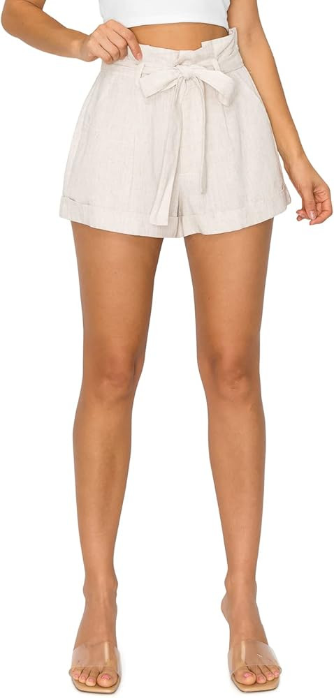 Cali1850 Women's Paperbag Linen Shorts - Oceanside Elastic Waist Self Tie Belt Paper Bag Beach Pa... | Amazon (US)