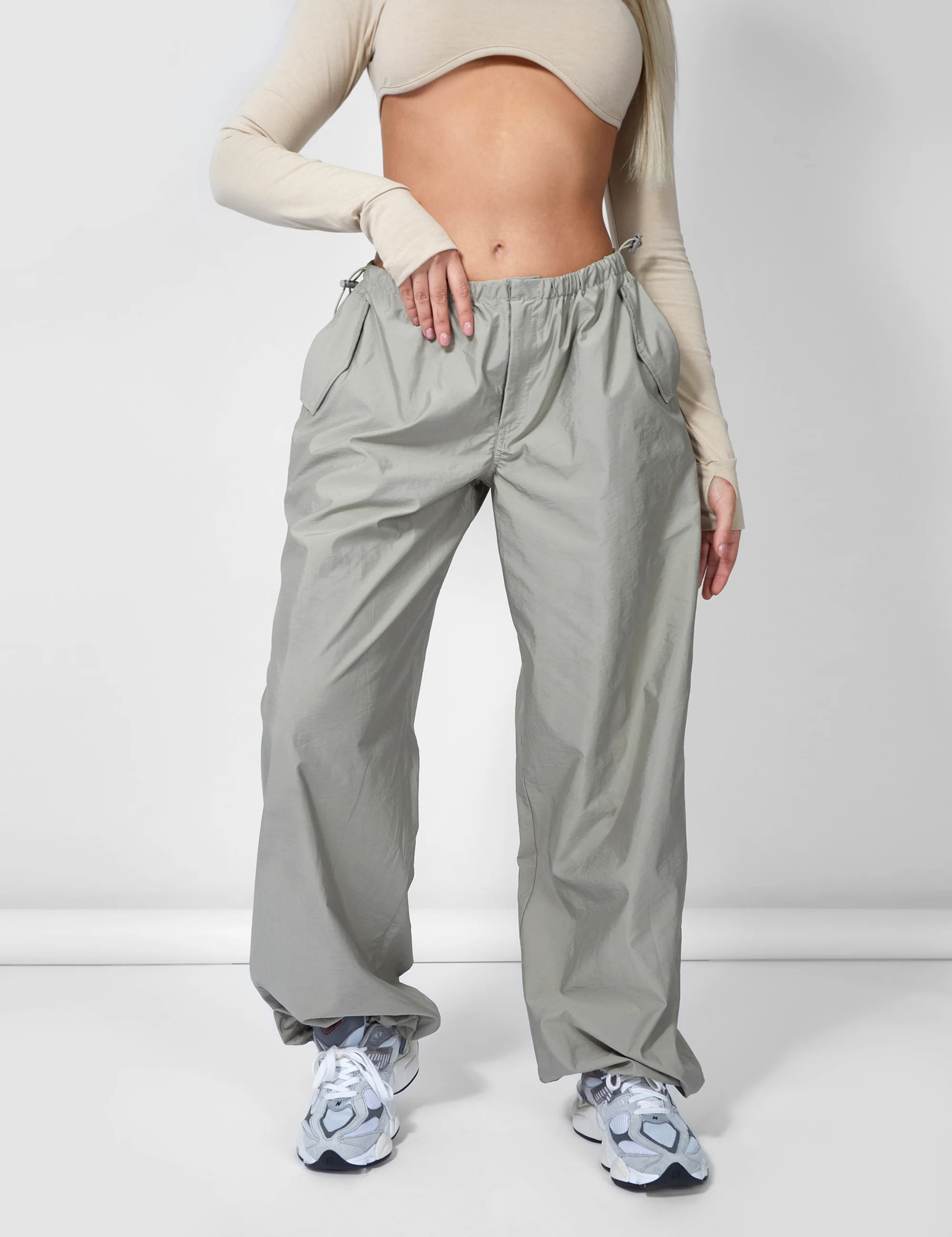 Drawstring Waist Parachute Cargo Trousers Grey | Public Desire