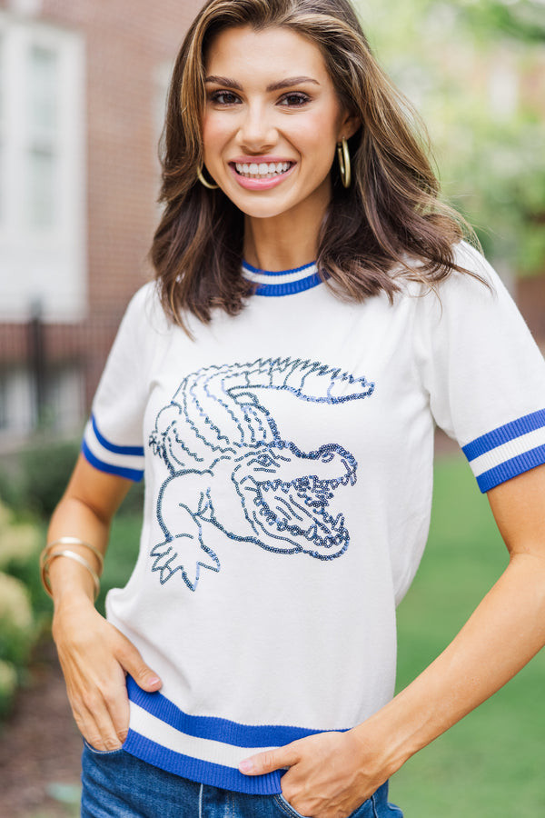 Stay In Character White/Blue Gator Sweater | The Mint Julep Boutique