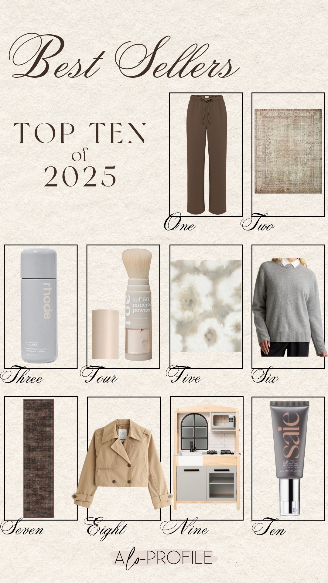 BEST SELLERS OF 2025✨
1. My fav pants
2. Bedroom Rug
3. Lightweight Moisturizer 
4. Powder Sunscreen
5. James' Wallpaper
6. Go to sweater
7. Washable Hallway Runner
8. Cropped Trench
9. Toy Kitchen & fridge
10. Tinted Moisturizer


#LTKHome #LTKootd #LTKBeauty