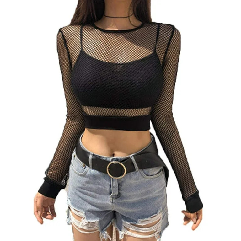Women Long Sleeve Sheer Mesh Crop Top Black Fishnet Clubwear Blouse Tank Shirts | Walmart (US)