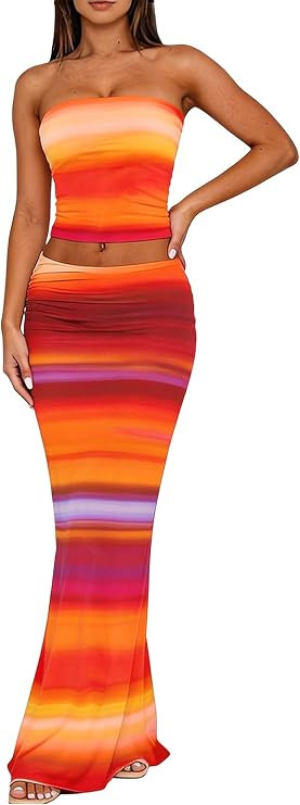 Two Piece Skirt Set Summer Floral StraplessTube Tops for Women Bodycon Maxi Skirts Y2k Vacation B... | Amazon (US)