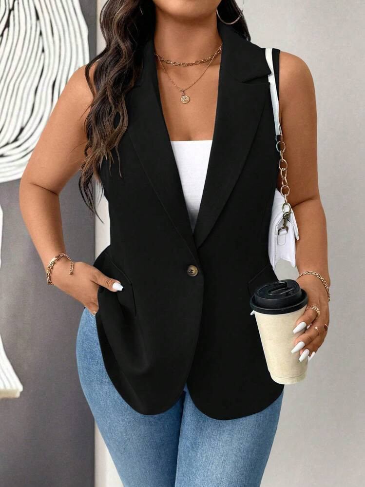 Elenzga Plus Size Women's Thin Casual Minimalist Sleeveless Blazer Graduation,Back To School,Teac... | SHEIN