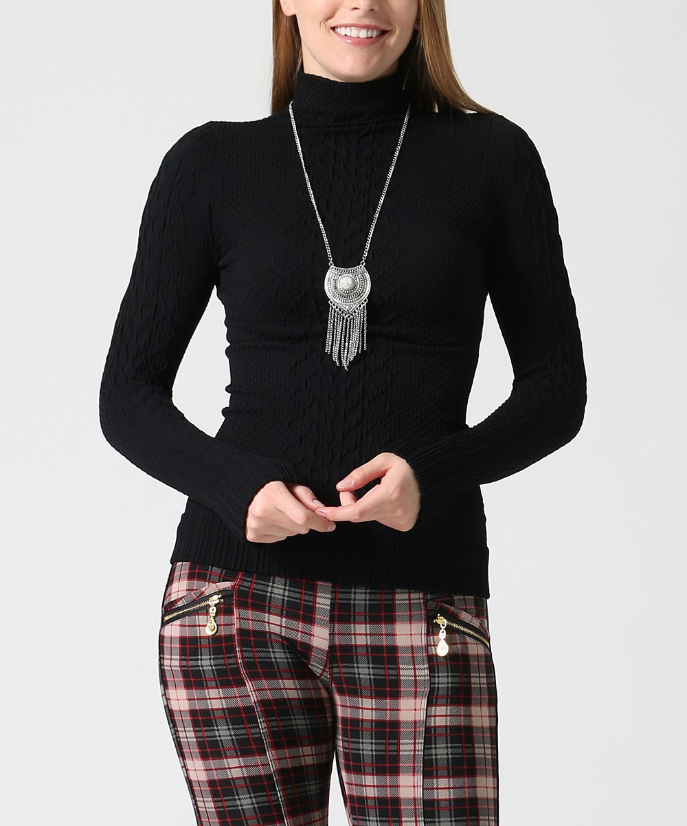 Lydiane Women's Turtlenecks Black - Black Textured Mock Neck Long-Sleeve Top - Women | Zulily