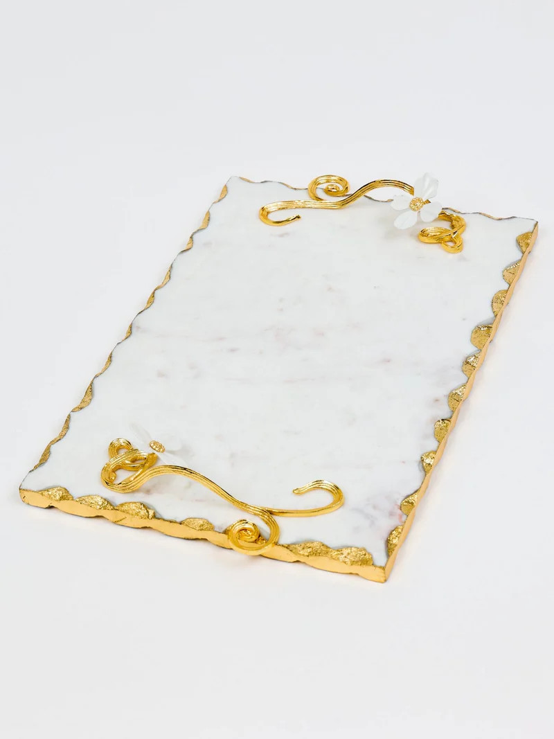 Large Marble Rectangular Tray with Intricately Detailed Gold Handles from The White Jeweled Flowe... | Inspire Me! Home Decor