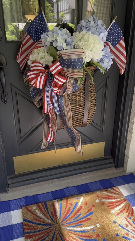 Blue buffalo check outdoor porch mat, outdoor rug, patriotic decor, fireworks doormat, 4th of July bows, faux hydrangeas, Adirondack basket, hanging outdoor basket, Independence Day decor, red white and blue decor, front porch inspo

#LTKhome #LTKSeasonal #LTKVideo