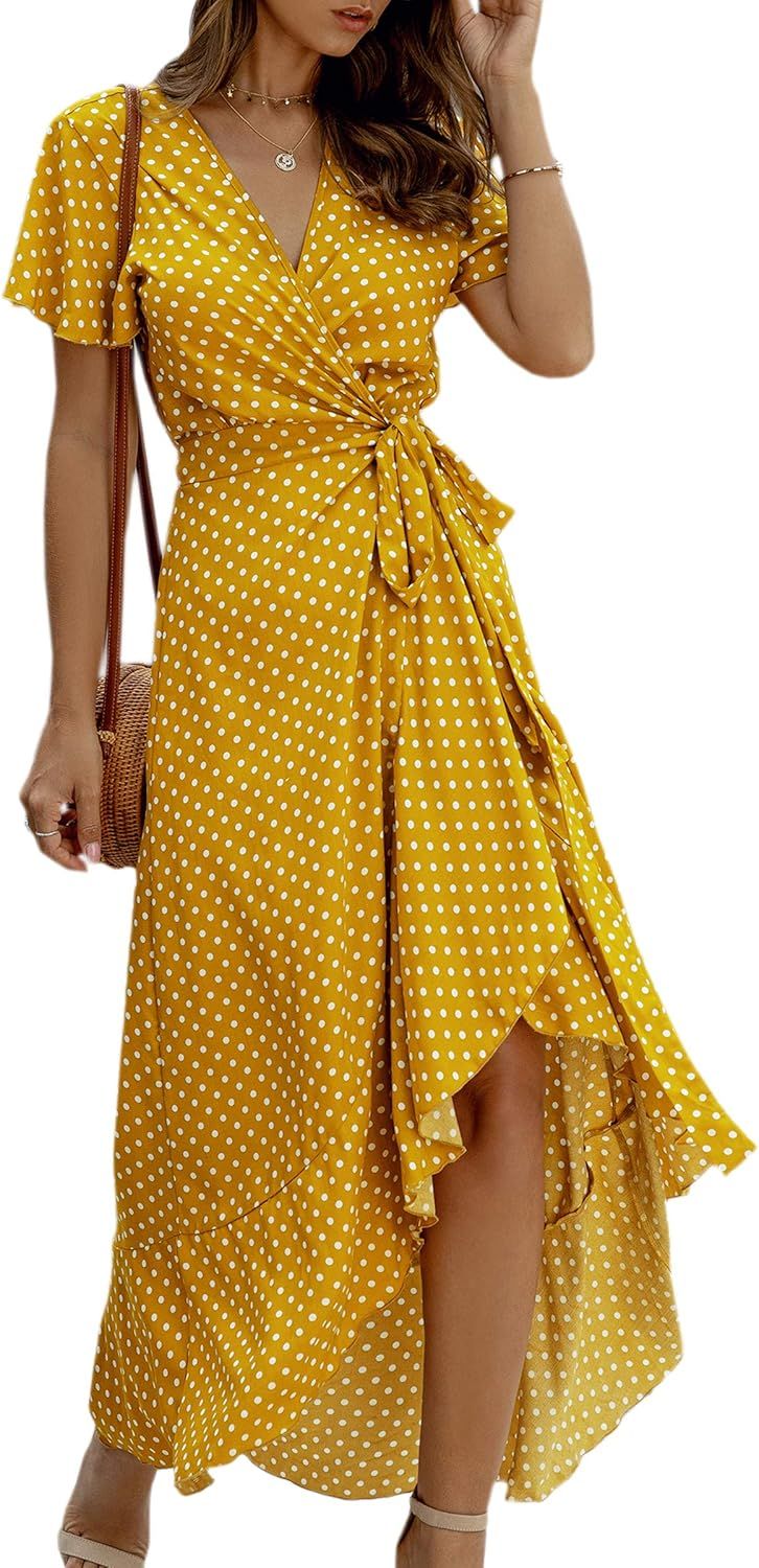 ECOWISH Womens Dresses Bohemian Wrap V Neck Short Sleeve Ethnic Style High Split Beach Maxi Dress | Amazon (US)