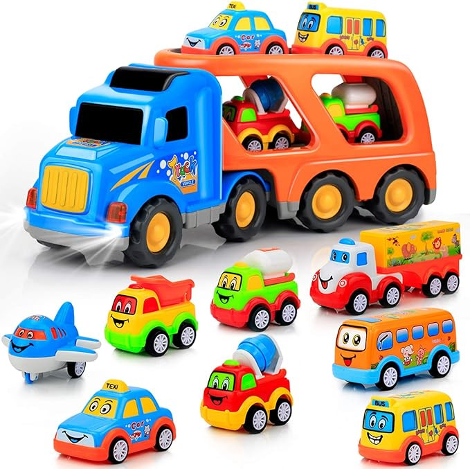9 pcs Cars Toys for 2 3 4 5 Years Old Toddlers, Big Carrier Truck with 8 Small Cartoon Pull Back ... | Amazon (US)