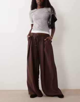 ASOS DESIGN textured wide leg pants with tie waist in chocolate | ASOS (Global)